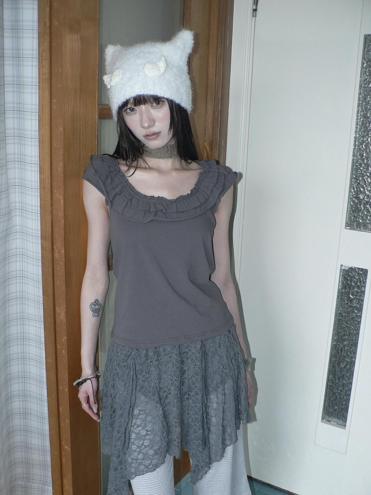 ang project Dark Gray Vintage Ruffle U Neck Flutter Sleeves Women&