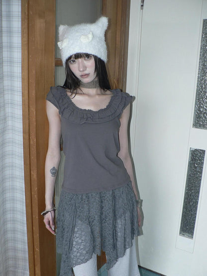 ang project Dark Gray Vintage Ruffle U Neck Flutter Sleeves Women&