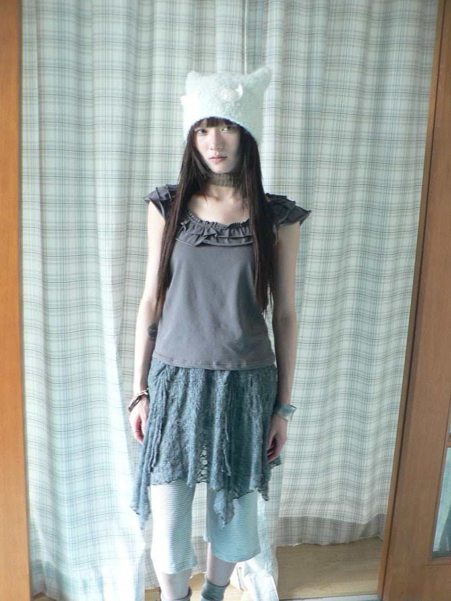 ang project Dark Gray Vintage Ruffle U Neck Flutter Sleeves Women&