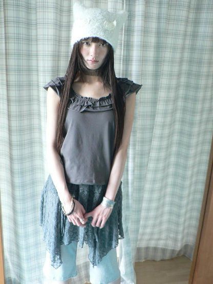 ang project Dark Gray Vintage Ruffle U Neck Flutter Sleeves Women&