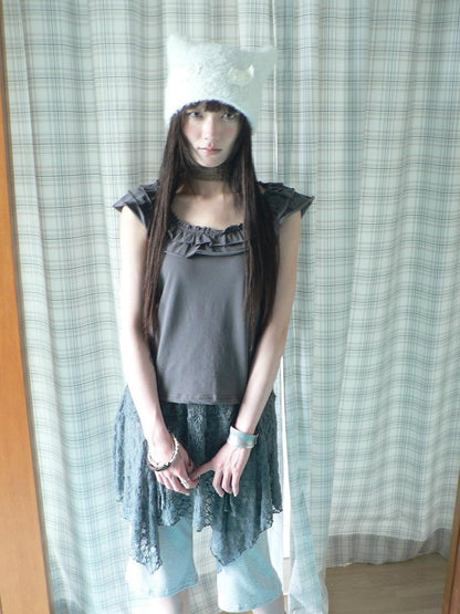 ang project Dark Gray Vintage Ruffle U Neck Flutter Sleeves Women&