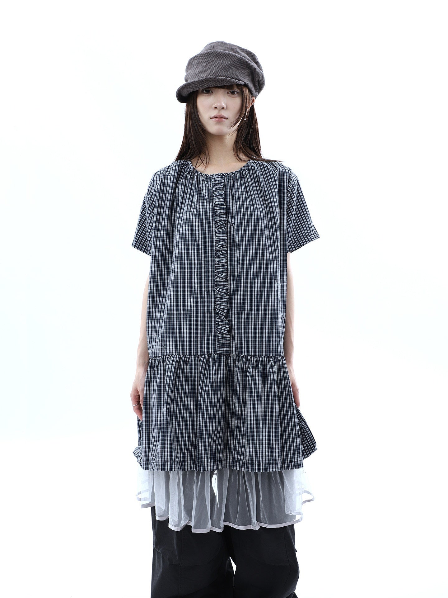 ang_project_Deep_Blue_Plaid_Ruffle_Round_Neck_Retro_Women&