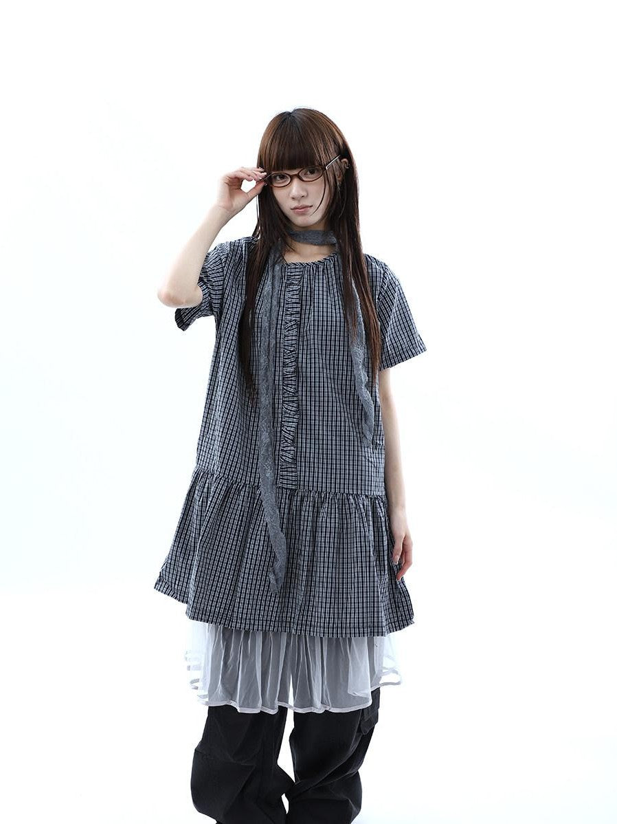 ang project Deep Blue Plaid Ruffle Round Neck Retro Women&