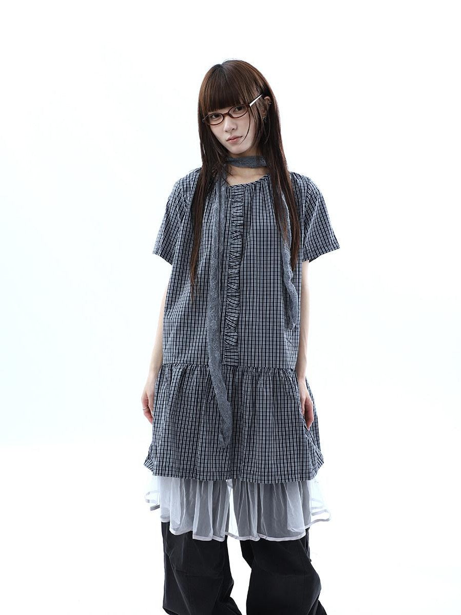 ang project Deep Blue Plaid Ruffle Round Neck Retro Women&
