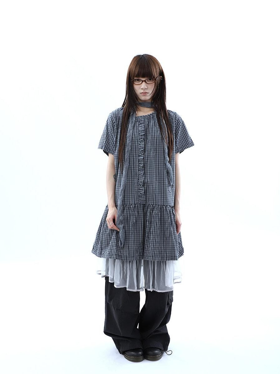 ang project Deep Blue Plaid Ruffle Round Neck Retro Women&