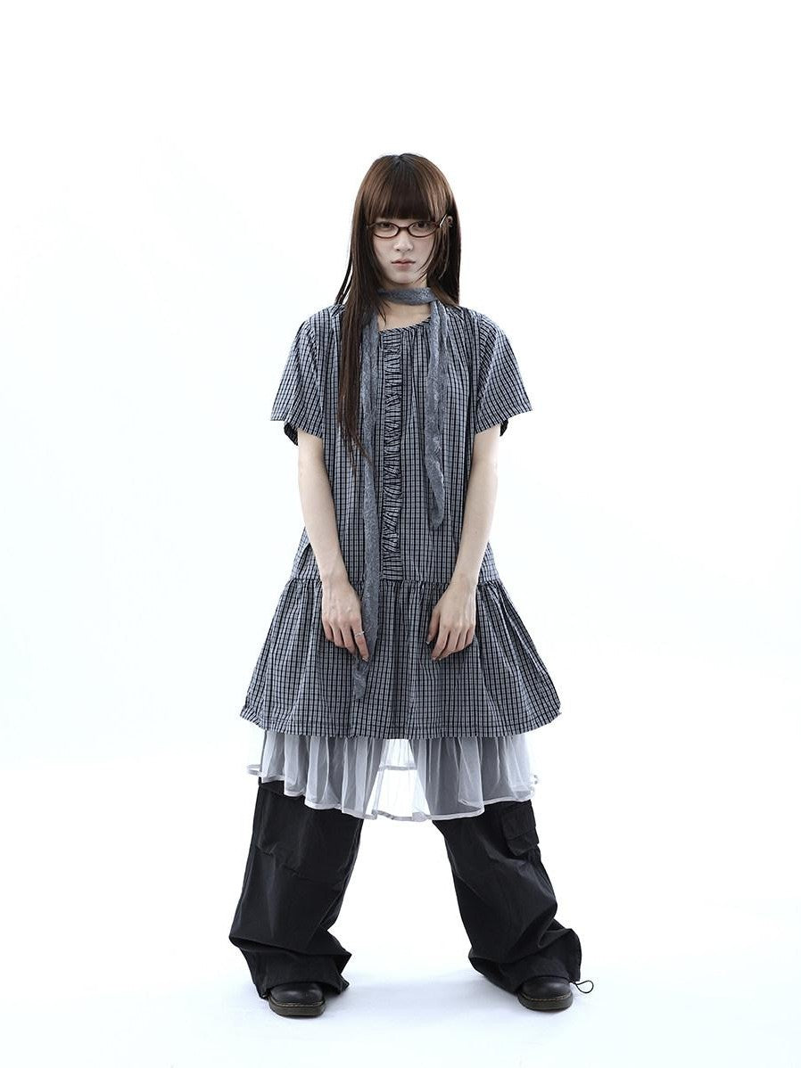ang project Deep Blue Plaid Ruffle Round Neck Retro Women&