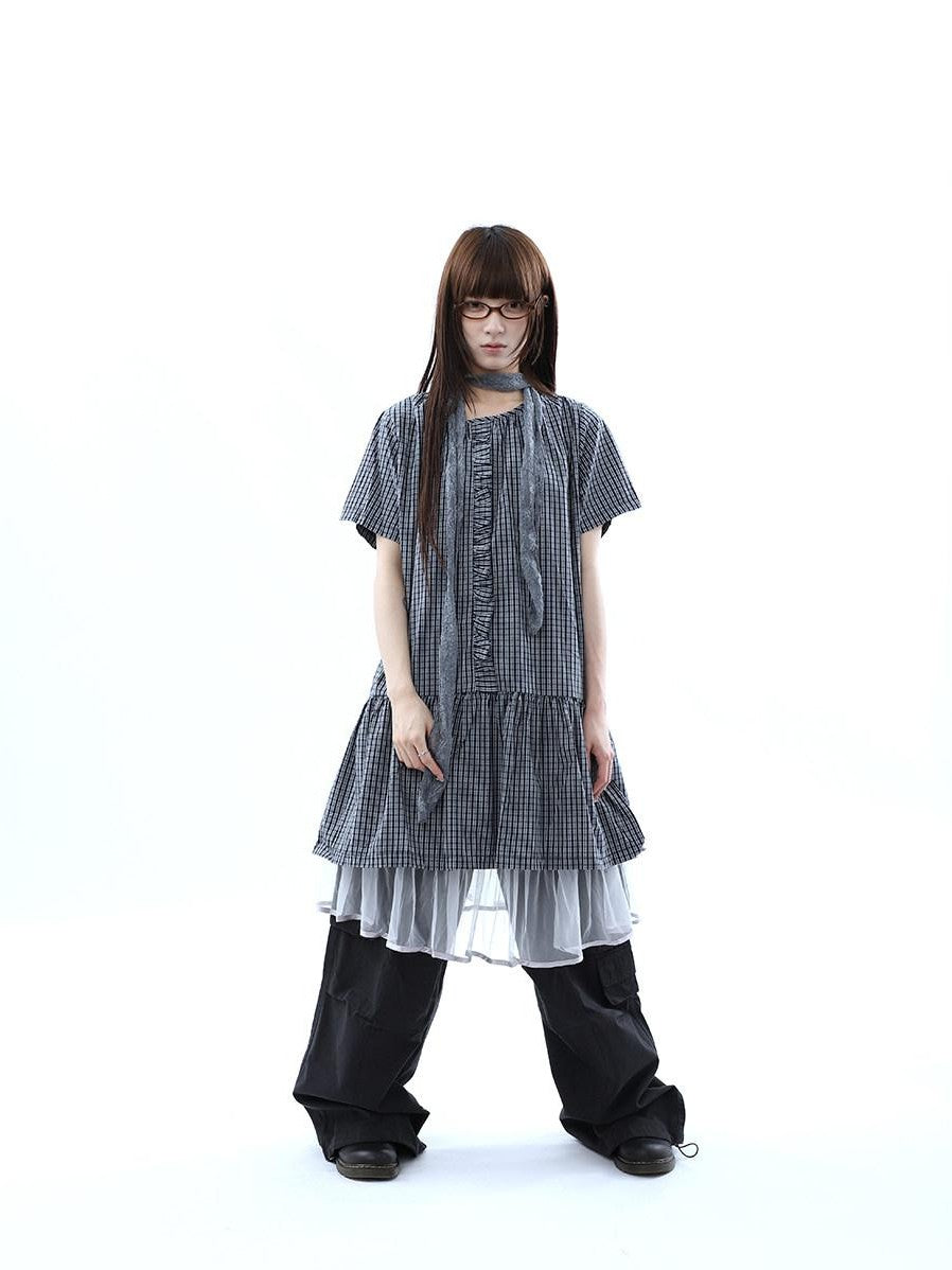 ang project Deep Blue Plaid Ruffle Round Neck Retro Women&