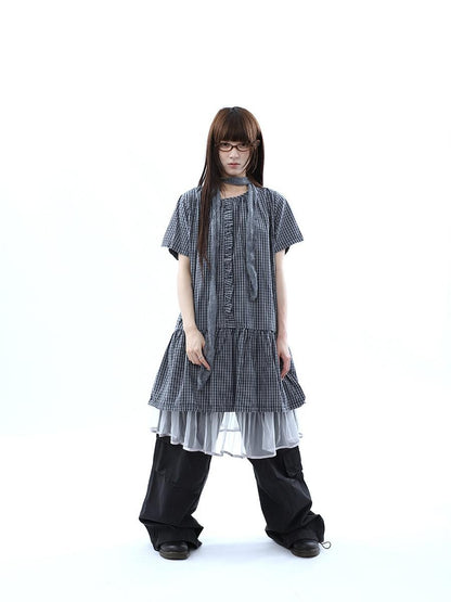 ang project Deep Blue Plaid Ruffle Round Neck Retro Women&