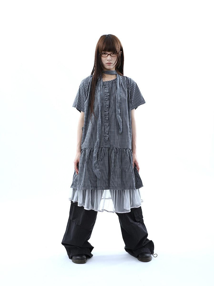 ang project Deep Blue Plaid Ruffle Round Neck Retro Women&