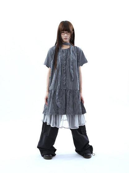 ang project Deep Blue Plaid Ruffle Round Neck Retro Women&
