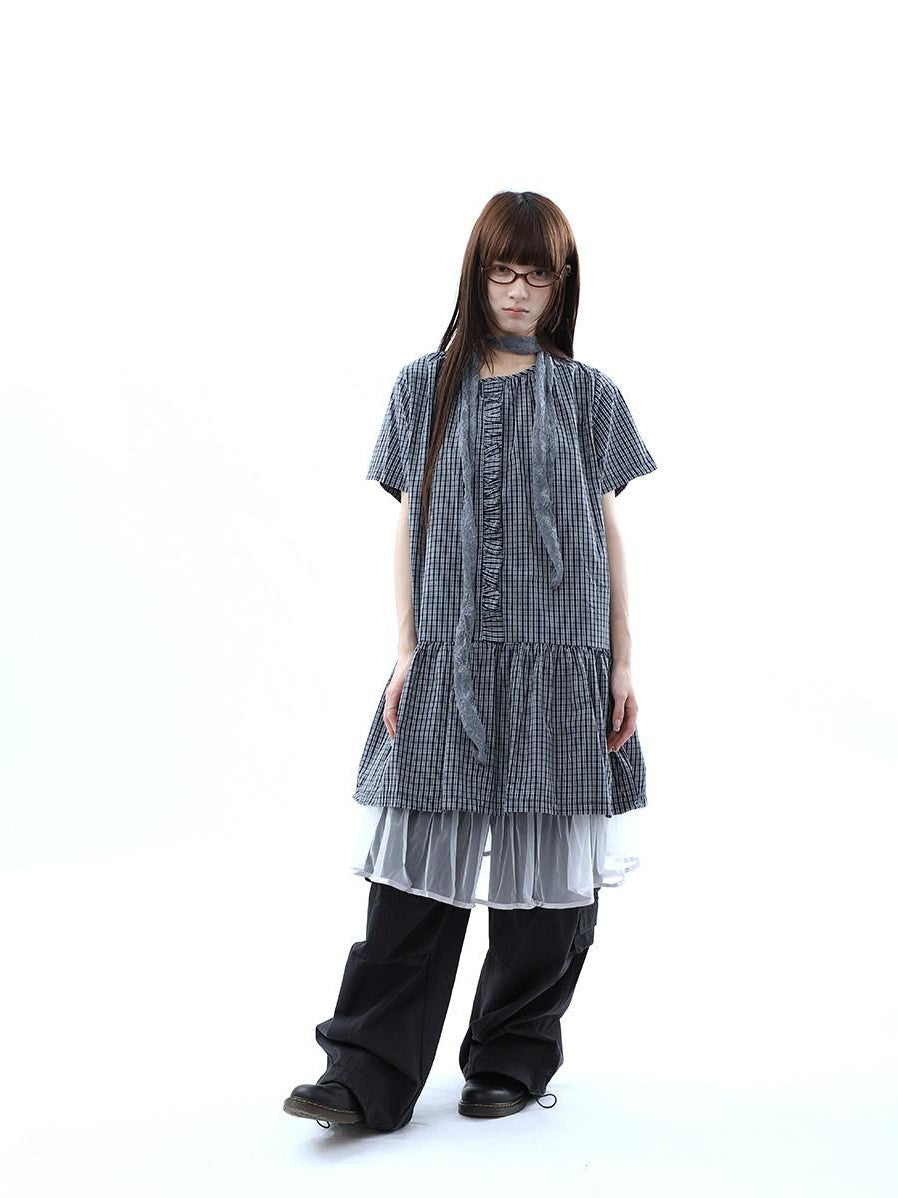 ang project Deep Blue Plaid Ruffle Round Neck Retro Women&