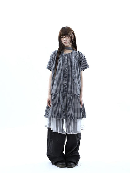 ang project Deep Blue Plaid Ruffle Round Neck Retro Women&