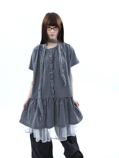 ang project Deep Blue Plaid Ruffle Round Neck Retro Women&