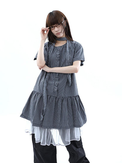 ang project Deep Blue Plaid Ruffle Round Neck Retro Women&