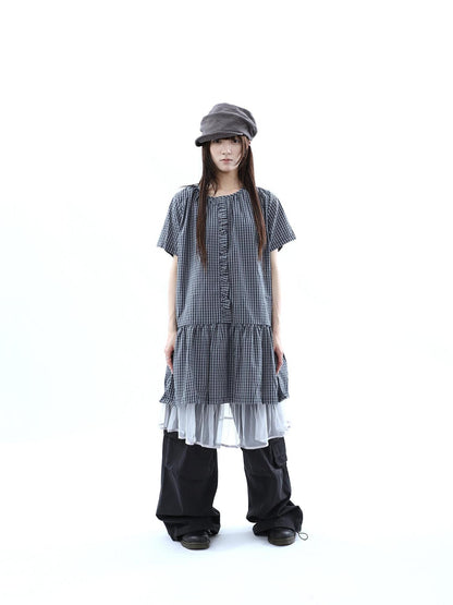 ang project Deep Blue Plaid Ruffle Round Neck Retro Women&