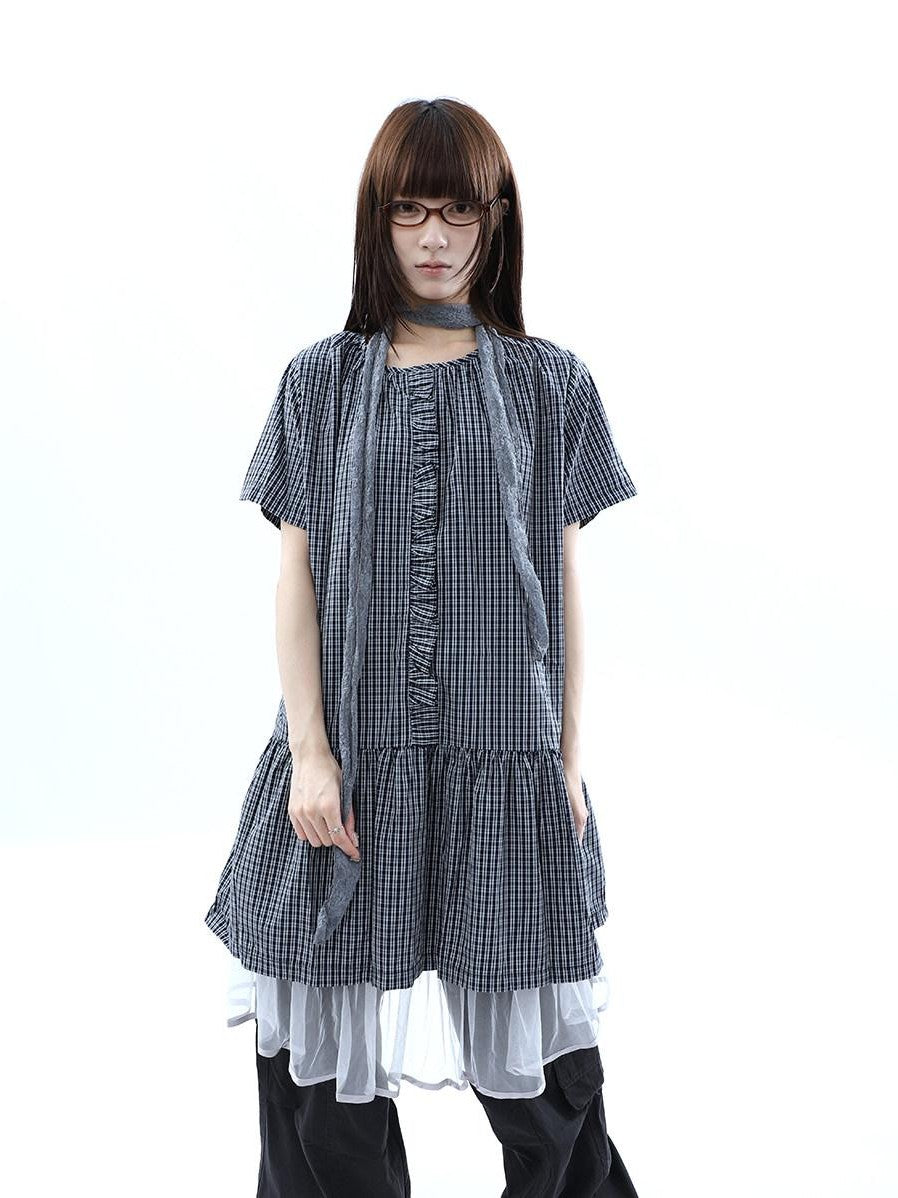 ang project Deep Blue Plaid Ruffle Round Neck Retro Women&