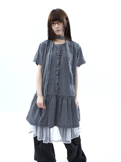 ang project Deep Blue Plaid Ruffle Round Neck Retro Women&