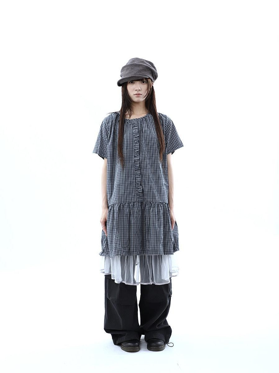 ang project Deep Blue Plaid Ruffle Round Neck Retro Women&