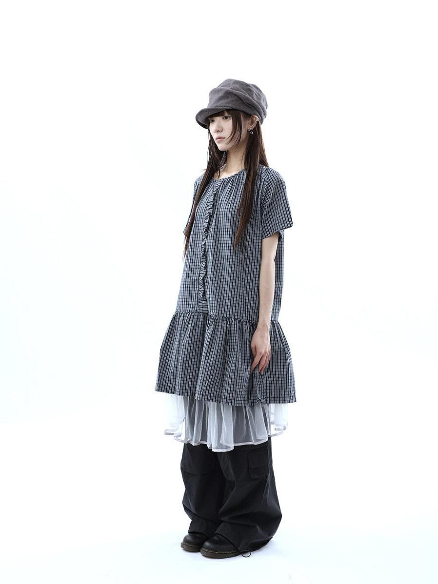 ang project Deep Blue Plaid Ruffle Round Neck Retro Women&