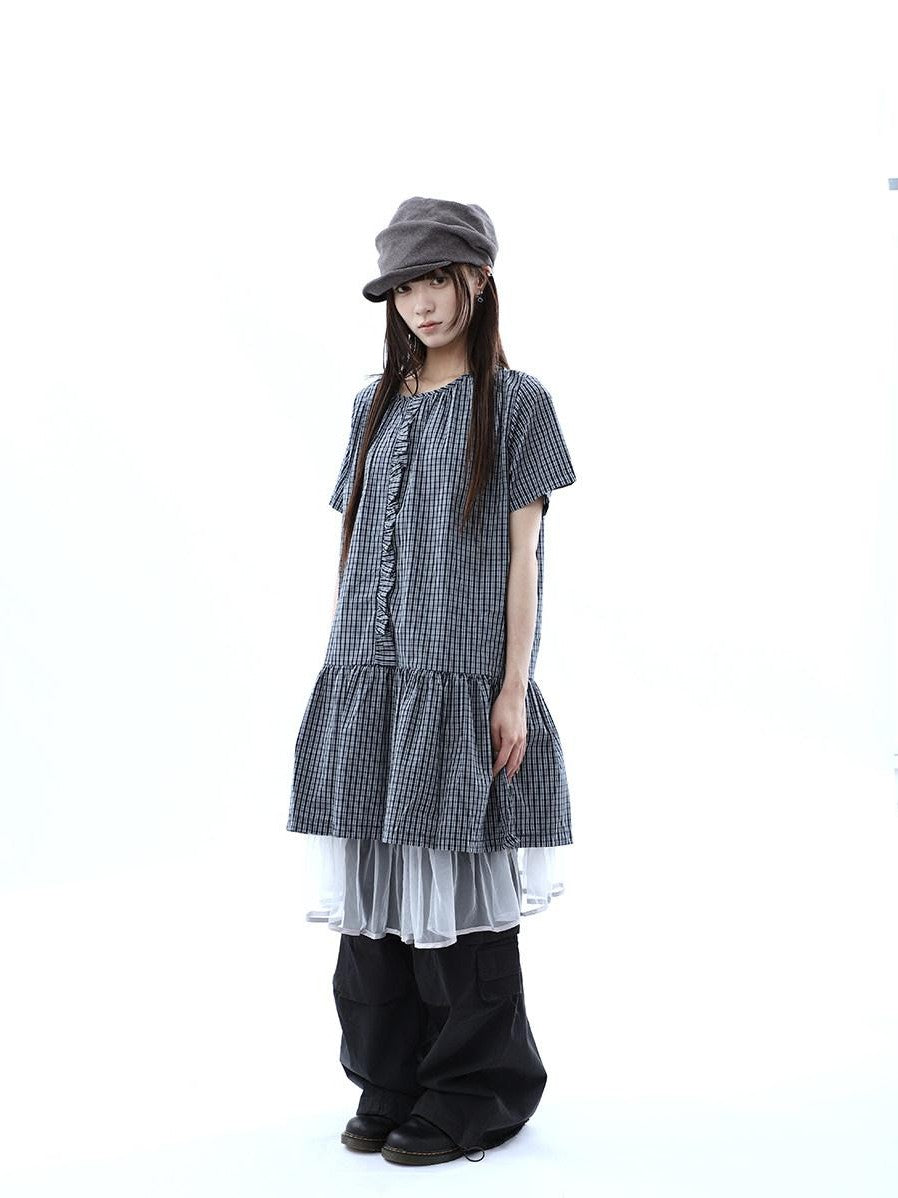 ang project Deep Blue Plaid Ruffle Round Neck Retro Women&