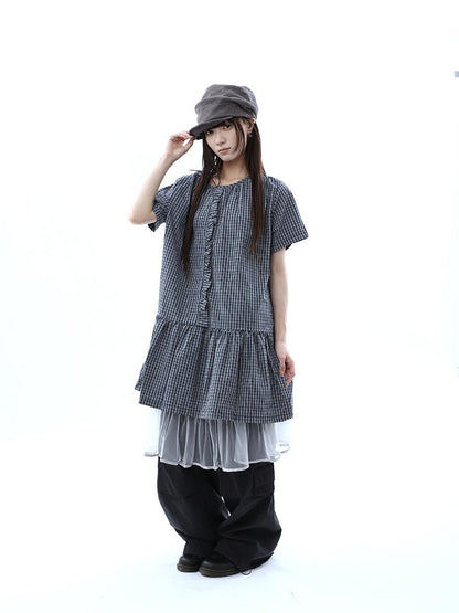 ang project Deep Blue Plaid Ruffle Round Neck Retro Women&