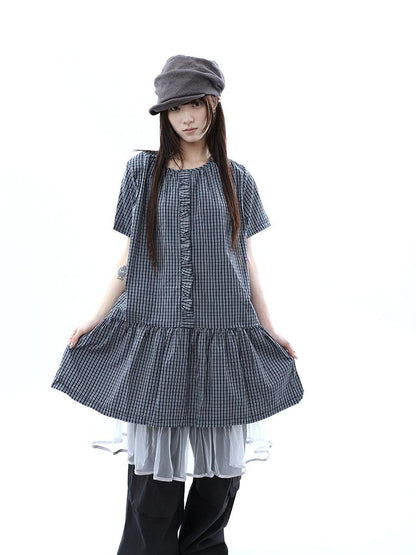 ang project Deep Blue Plaid Ruffle Round Neck Retro Women&