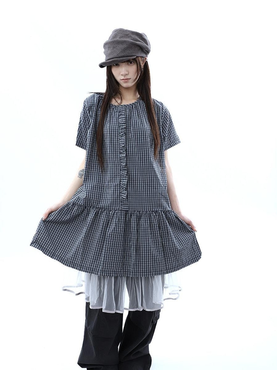 ang project Deep Blue Plaid Ruffle Round Neck Retro Women&