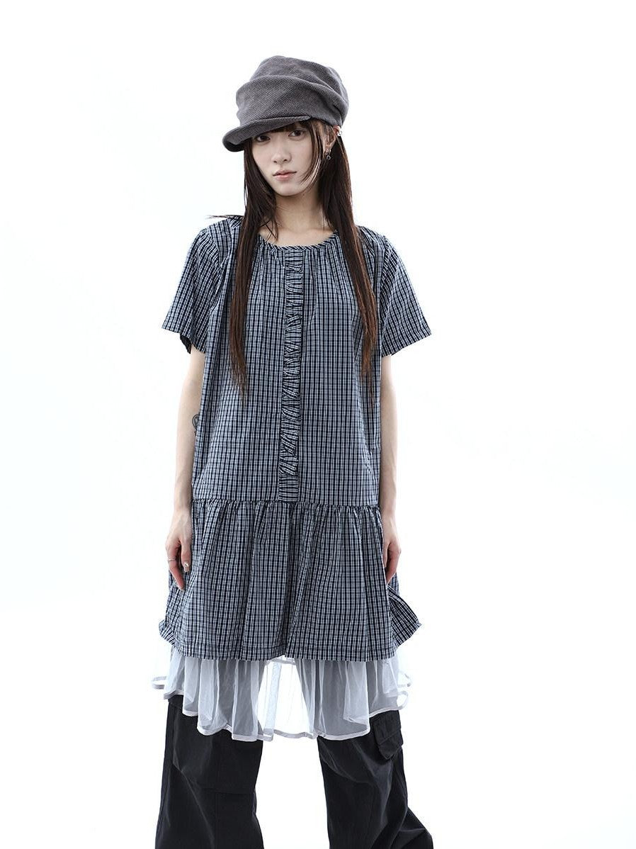 ang project Deep Blue Plaid Ruffle Round Neck Retro Women&