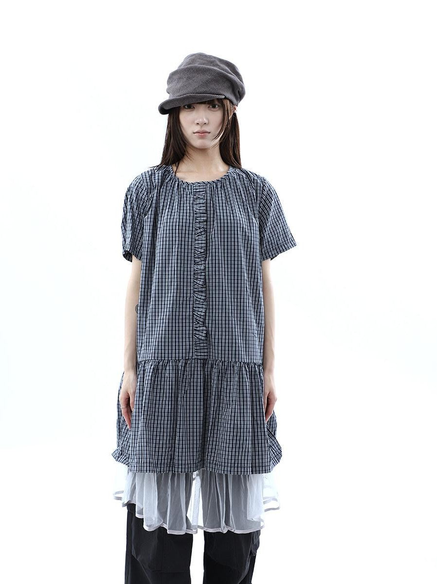 ang project Deep Blue Plaid Ruffle Round Neck Retro Women&