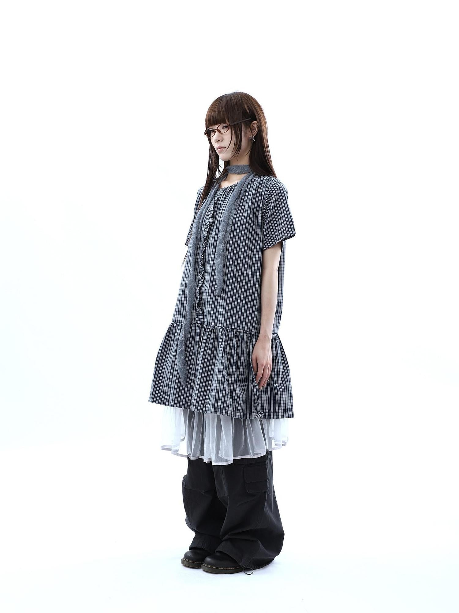 ang project Deep Blue Plaid Ruffle Round Neck Retro Women&