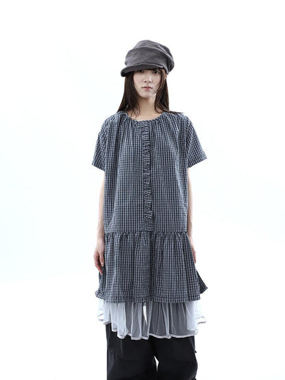 ang project Deep Blue Plaid Ruffle Round Neck Retro Women&