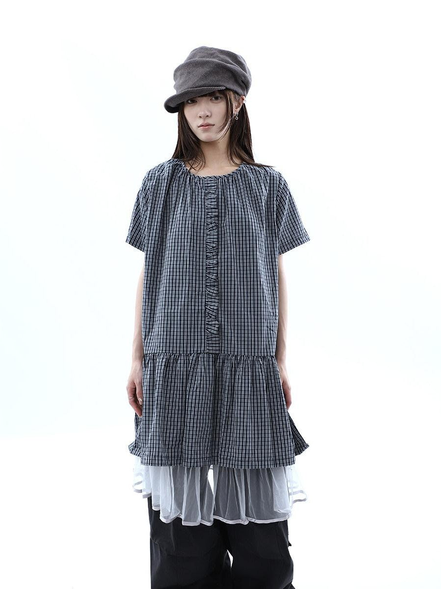 ang project Deep Blue Plaid Ruffle Round Neck Retro Women&