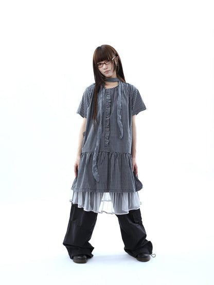ang project Deep Blue Plaid Ruffle Round Neck Retro Women&