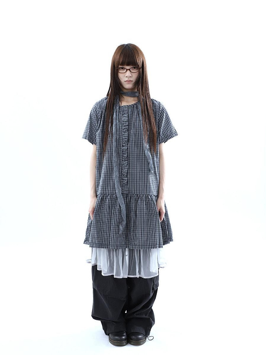 ang project Deep Blue Plaid Ruffle Round Neck Retro Women&