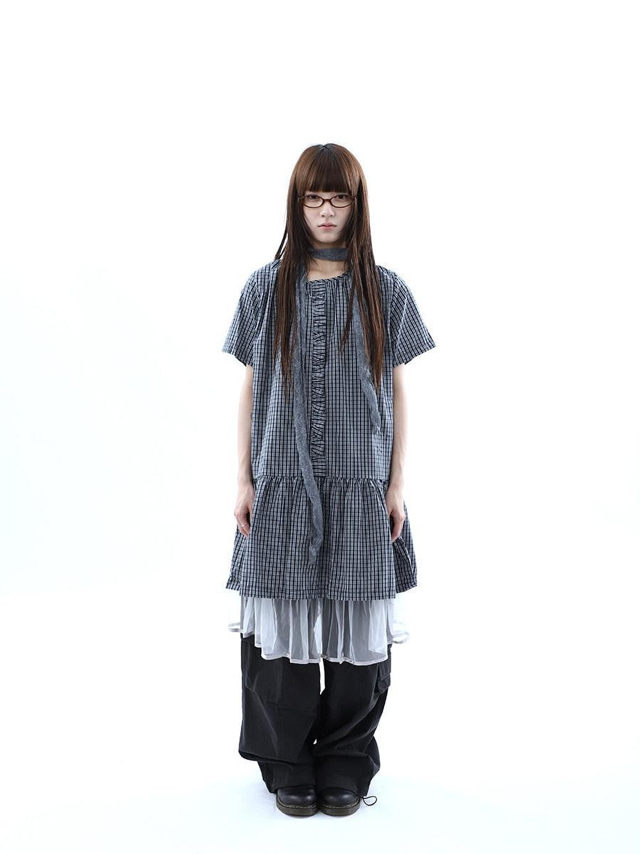 ang project Deep Blue Plaid Ruffle Round Neck Retro Women&