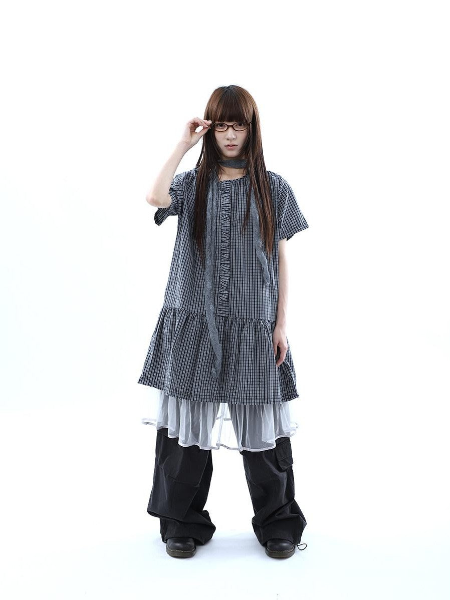 ang project Deep Blue Plaid Ruffle Round Neck Retro Women&