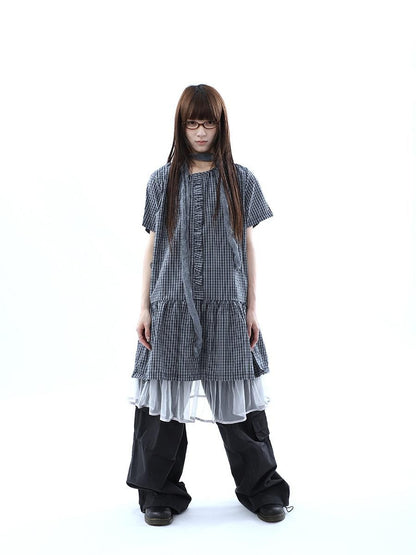 ang project Deep Blue Plaid Ruffle Round Neck Retro Women&