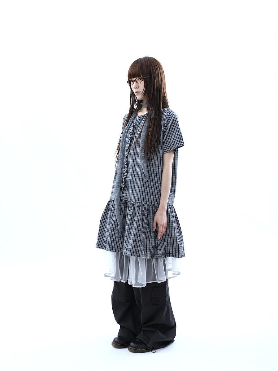 ang project Deep Blue Plaid Ruffle Round Neck Retro Women&