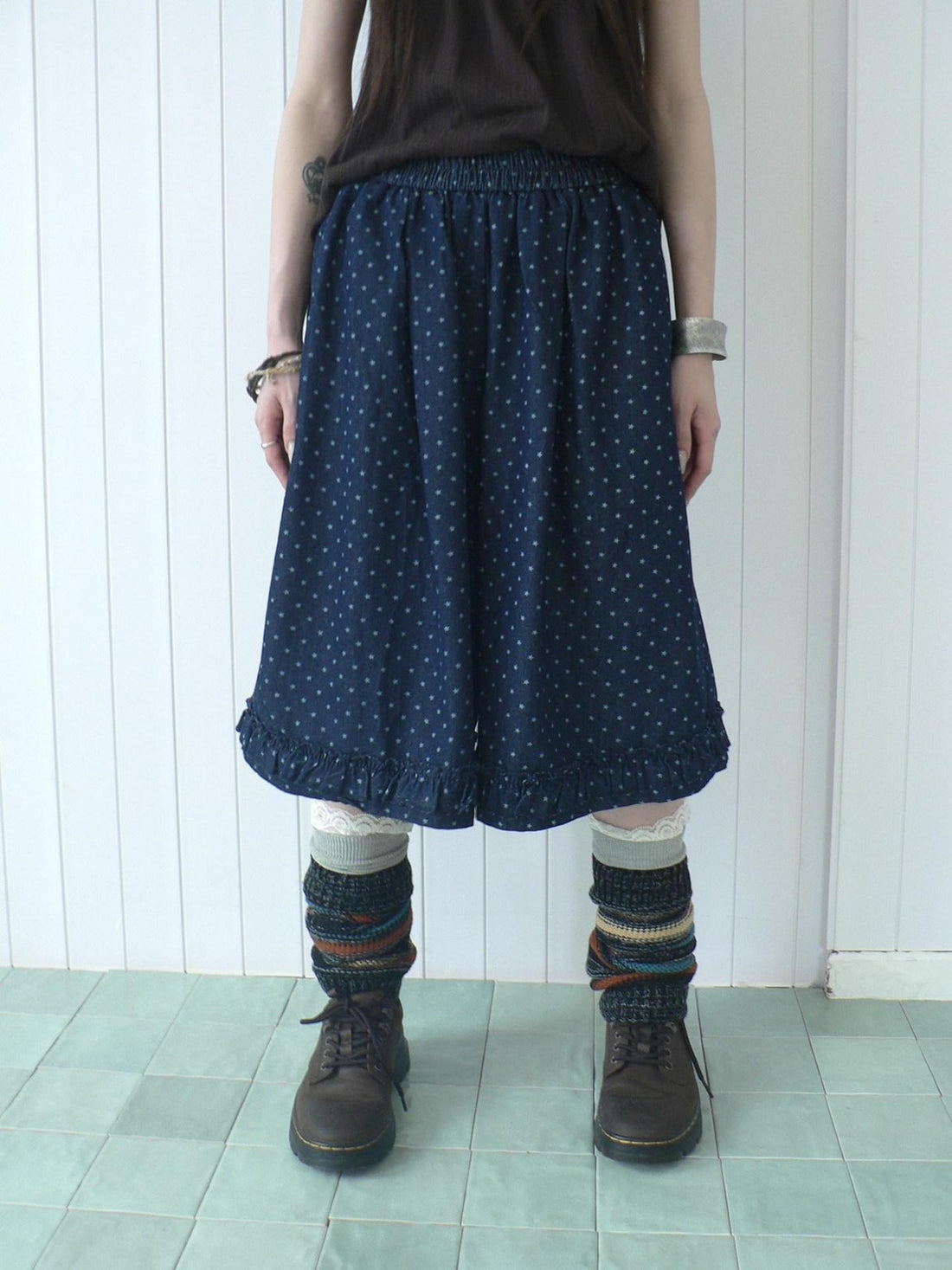 ang project Deep Blue Star Print Ruffle Elastic Waist Women&