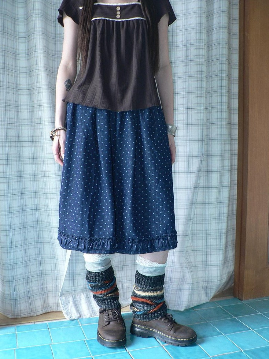 ang project Deep Blue Star Print Ruffle Elastic Waist Women&