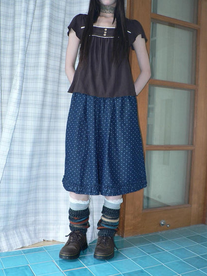 ang project Deep Blue Star Print Ruffle Elastic Waist Women&