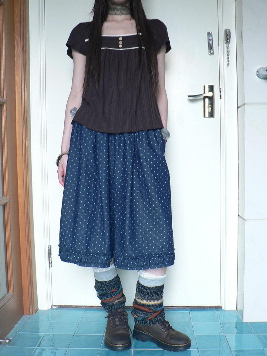 ang project Deep Blue Star Print Ruffle Elastic Waist Women&