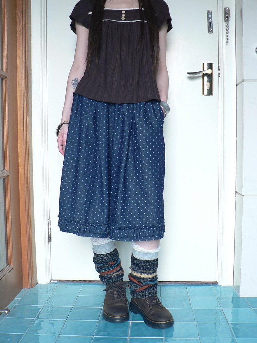 ang project Deep Blue Star Print Ruffle Elastic Waist Women&