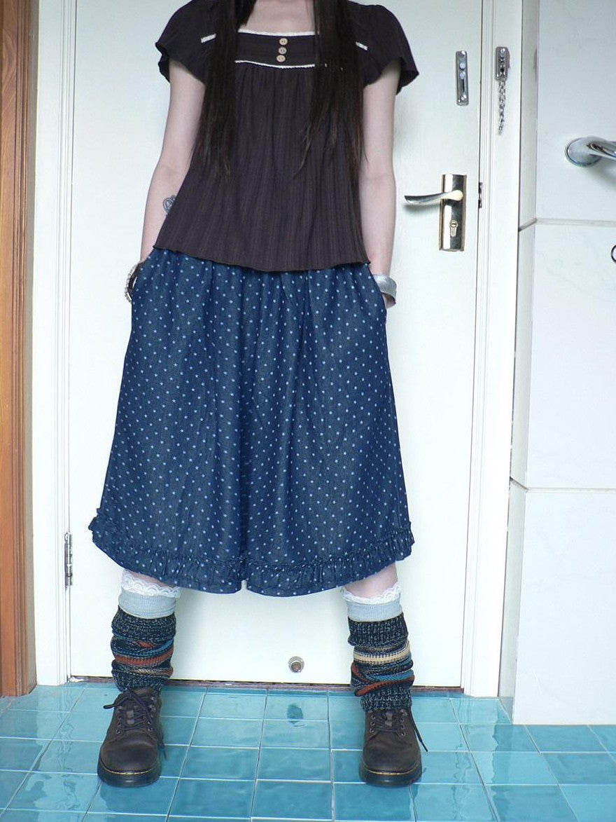 ang project Deep Blue Star Print Ruffle Elastic Waist Women&