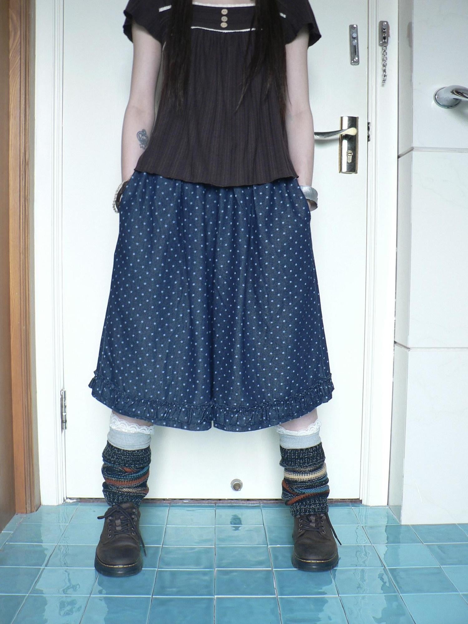 ang project Deep Blue Star Print Ruffle Elastic Waist Women&