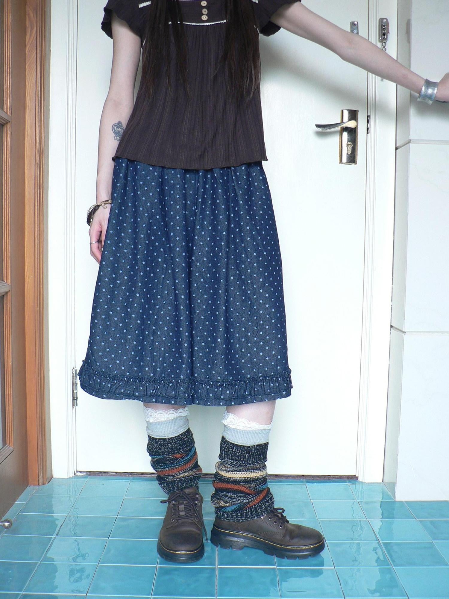 ang project Deep Blue Star Print Ruffle Elastic Waist Women&