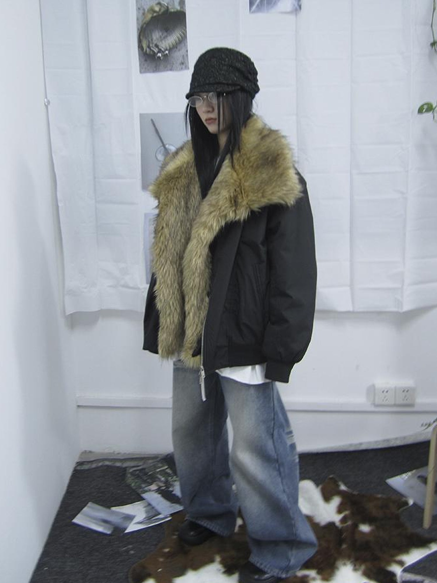 ang project Detachable Faux Fur Collar Loose Thickened Jacket