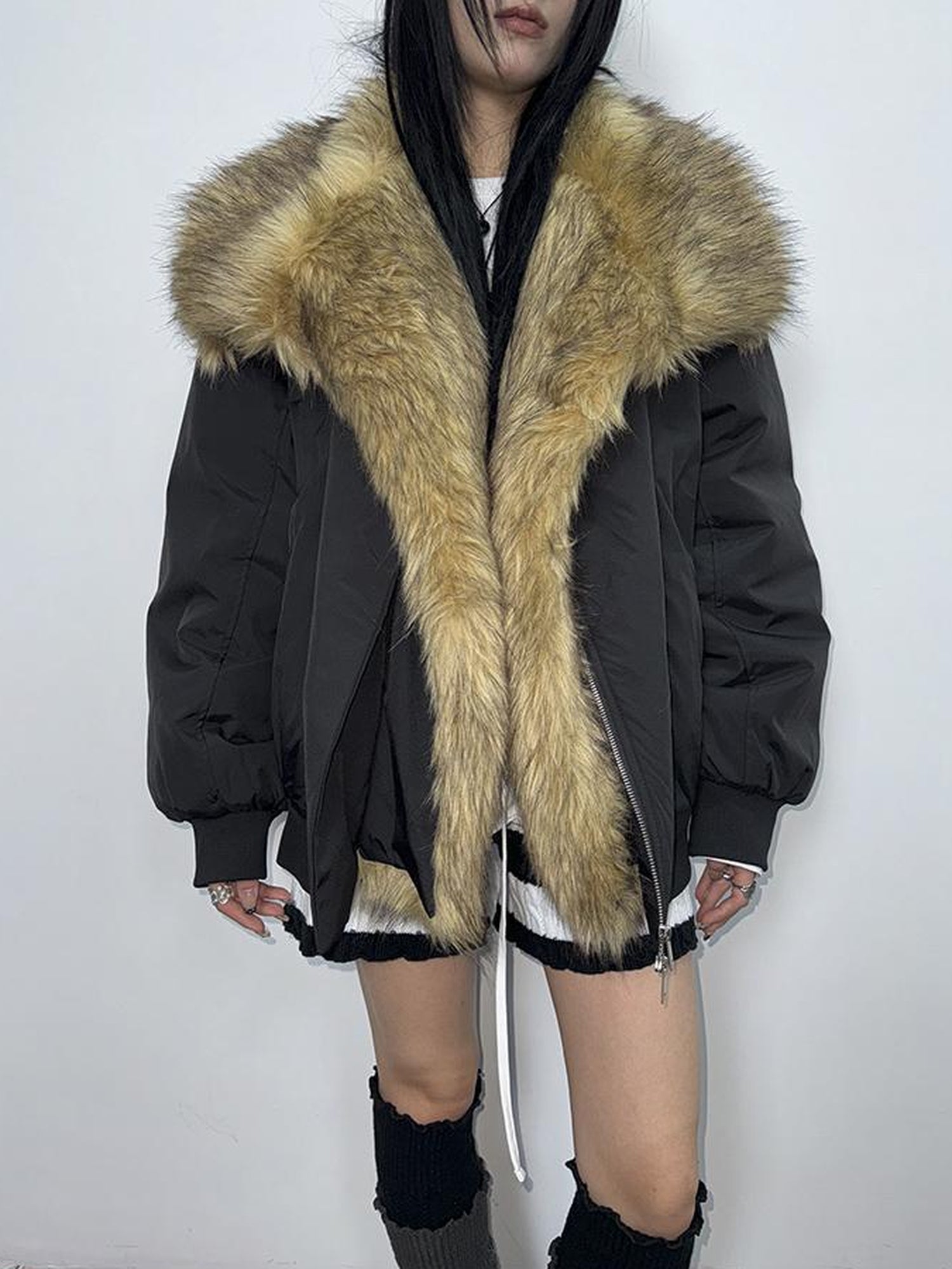 ang project Detachable Faux Fur Collar Loose Thickened Jacket