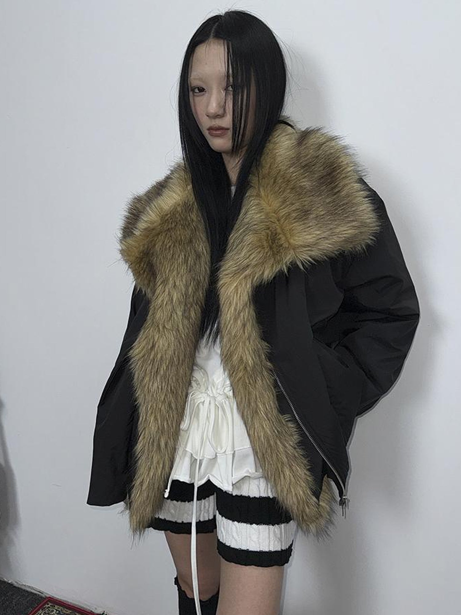 ang project Detachable Faux Fur Collar Loose Thickened Jacket