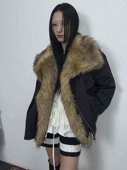 ang project Detachable Faux Fur Collar Loose Thickened Jacket